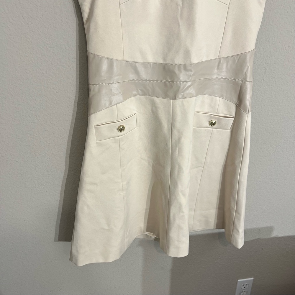NWT Karen Millen Ponte Faux leather A line flippy mini dress 12 Tall beige - Picture 8 of 13